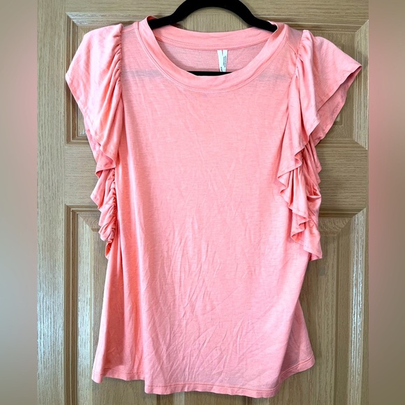 By Anthropologie Coral Pink Ruffle Flutter-Sleeve Tee Small - Picture 1 of 9